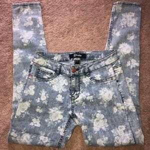 White floral print blue jeans